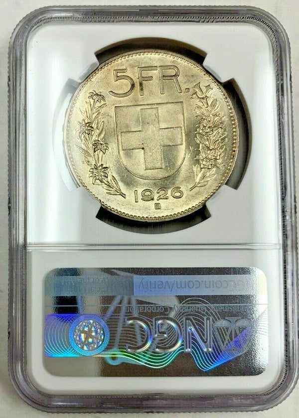 1926 Swiss 5 Francs Bern Confederatio Helvetica William Tell NGC MS62