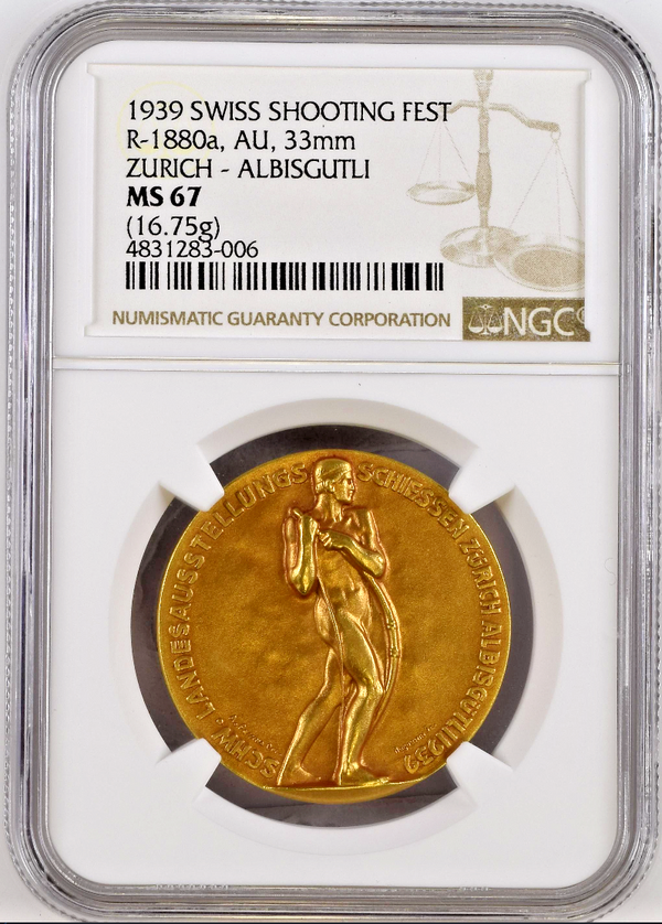 Swiss 1939 Gold Shooting Medal Zurich Albisgutli NGC MS67 R-1880a Mintage-38