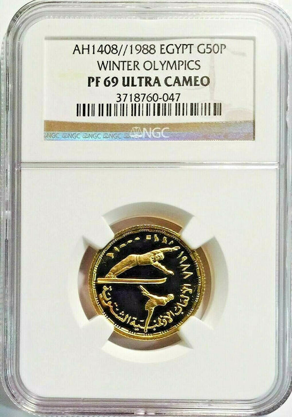 Extremely Rare Egypt 1408/1988 Gold 50 Pounds Winter Olympic NGC PF69 Mintage-50