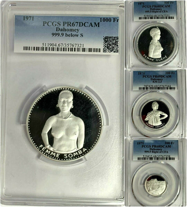 1971 Dahomey Silver Set 4 Coins PCGS PF67-69 10th Independence Naked Woman