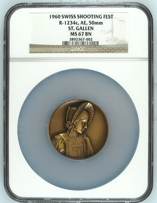 Swiss 1960 Bronze Medal Shooting Fest St Gallen R-1234c NGC MS67 Mintage-340