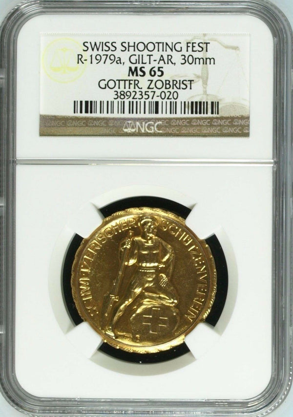 Swiss Shooting Medal Gold Plated Silver R-1979a NGC MS65 Switzerland