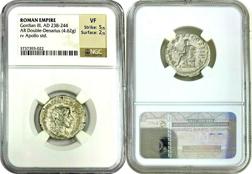 Roman Gordian III AD238-244 Antoninianus Double Denarius Apollo seated NGC VF