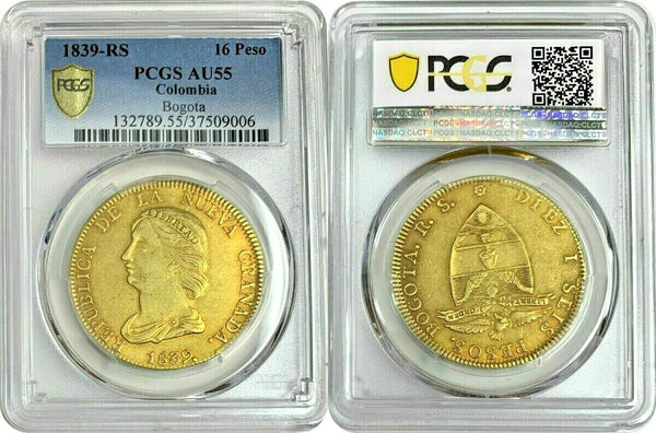 Colombia 1839 Gold Coin 16 Pesos Bogota Republik Nueva Granada PCGS AU55