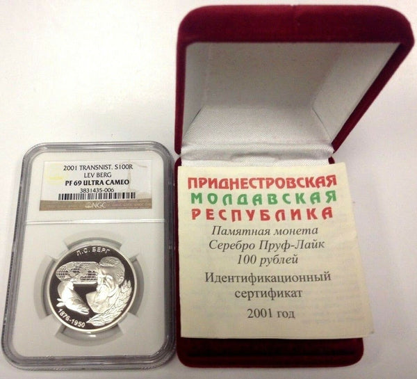 Transnistria 2001 Silver Coin 100 Roubles Lev Berg NGC PF69 Box COA Low Mintage
