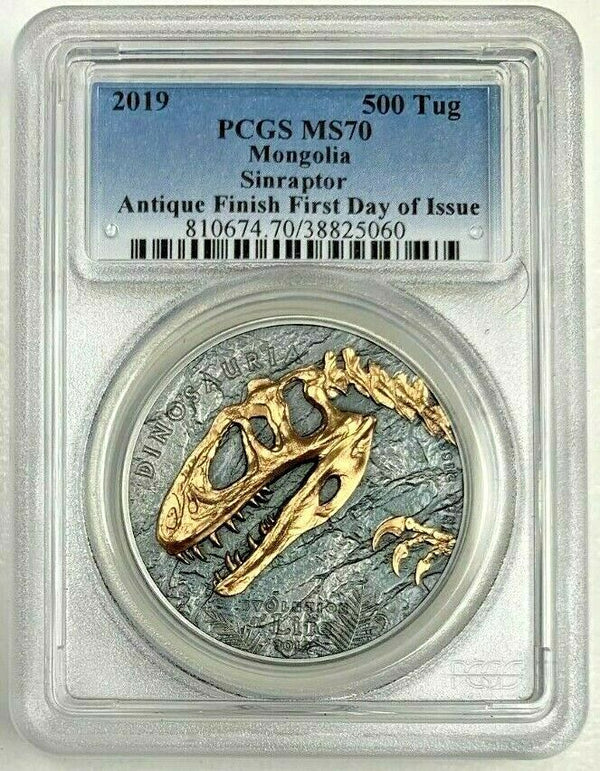 2019 Mongolia 500 Tögrög Silver Coin Sinraptor First Day of Issue PCGS MS70