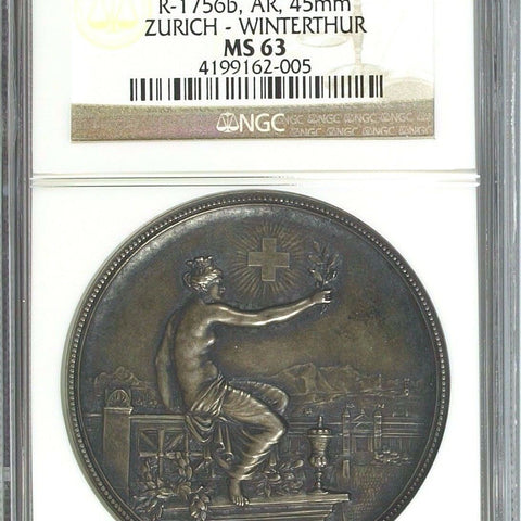 Swiss 1895 Silver Shooting Medal Zurich Winterthur R-1756b Helvetia NGC MS63