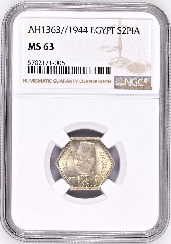 Egypt 1363//1944 Silver 2 Piastres King Farouk NGC MS63 Low Mintage