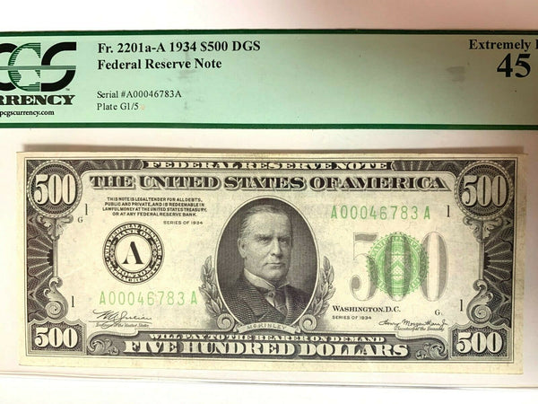 1934 $500 Bill Federal Reserve Note Boston PCGS XF45 Fr.2201-A