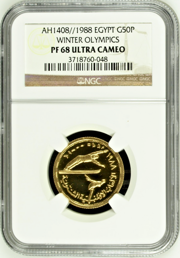 Extremely Rare Egypt 1408/1988 Gold 50 Pounds Winter Olympic NGC PF68 Mintage-50
