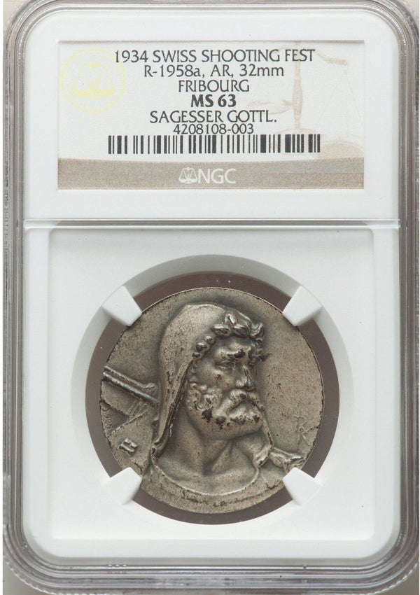 Very Rare Swiss 1934 Silver Medal Shooting Fest Fribourg R-1958a NGC MS63