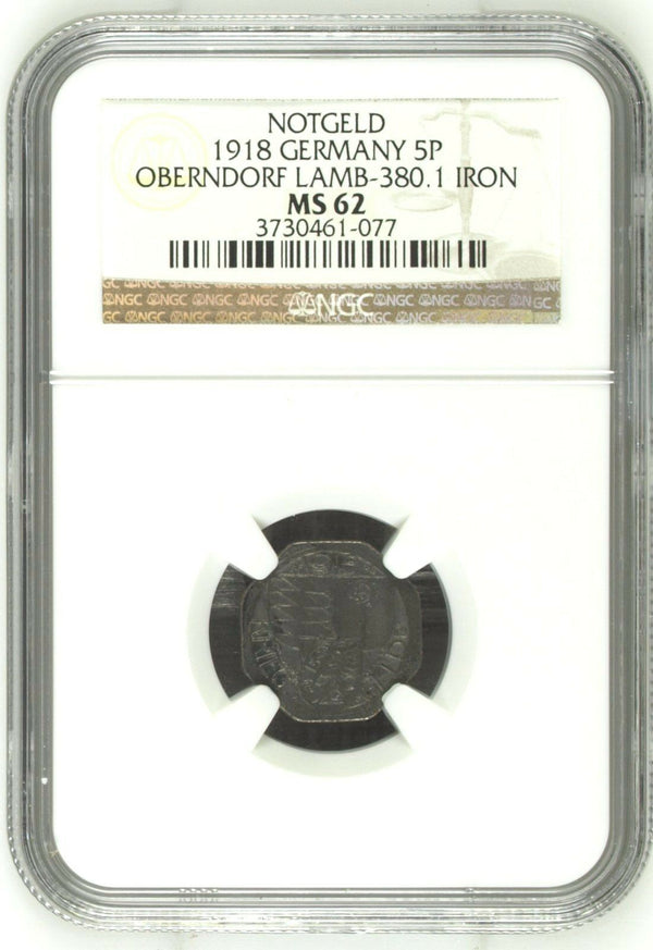 1918 Germany Notgeld 5 Pfennig Oberndorf Württemberg Lamb-380.1 Iron NGC MS62
