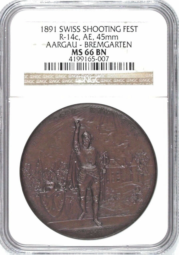 Switzerland 1891 Bronze Shooting Medal Aargau Bremgarten R-14c NGC MS66 Mint-600