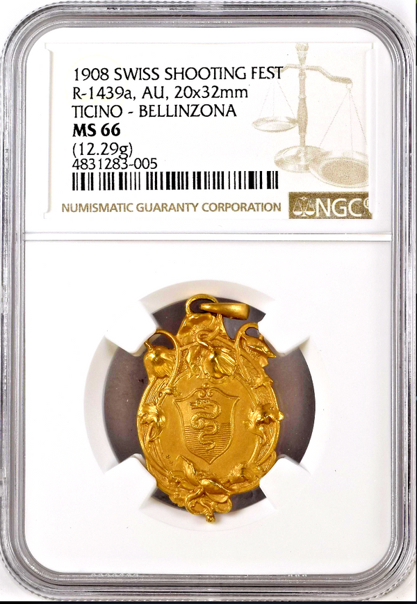 Swiss 1908 Gold Shooting Medal Ticino Bellinzona NGC MS66 R-1439a Extremely Rare
