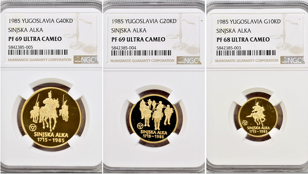 Yugoslavia 1985 Gold Set 40K 20K 10K Dinara Sinjska Alka NGC PF68/69 Law Mintage