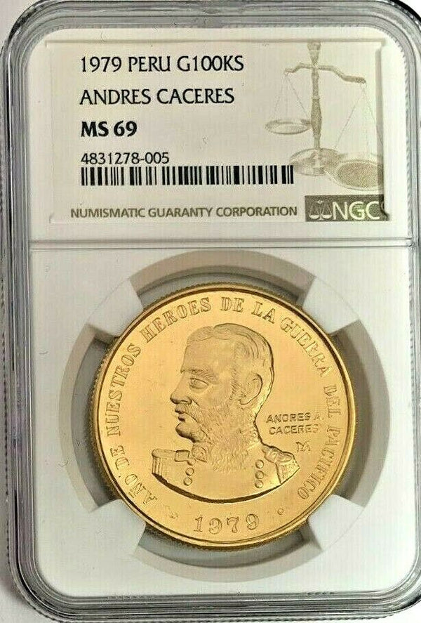 Peru 1979 Gold 100,000 Soles Andres Caceres Top Pop NGC MS69 Pacific War Heroes