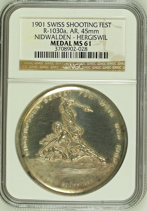 Swiss 1901 Silver Medal Shooting Fest Nidwalden Hergiswil R-1030a NGC MS61 Rare