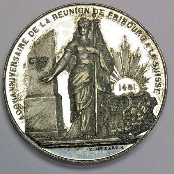 Very Rare Swiss 1881 Silver Shooting Medal R-414a Fribourg Switzerland