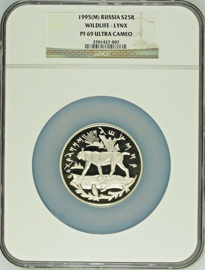 1995 Russia Silver 5 Oz Coin 25 Rubles Wildlife Lynx on log NGC PF69 Low Mintage