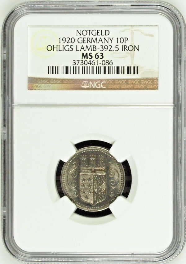 1920 Germany Notgeld Coin Ohligs Rheinprovinz 10 Pfennig Lamb-392.5 NGC MS63