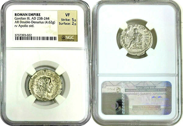 Roman Gordian III AD238-244 Antoninianus Double Denarius Apollo seated NGC VF