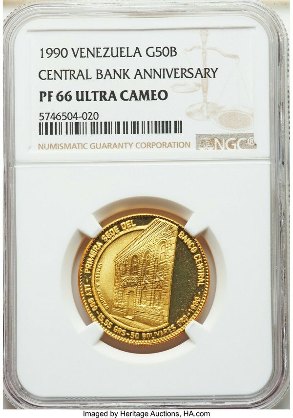 Venezuela 1990 Gold 50 Bolívares 50th Anniversary of the Central Bank NGC PF66