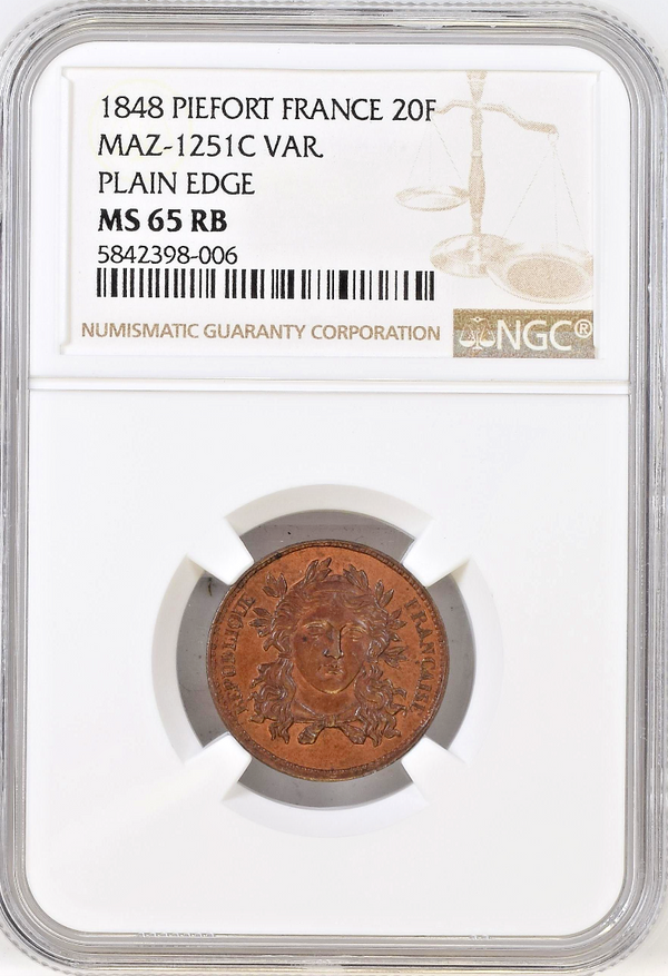 France 1848 Essai Piefort Cooper Trial 20 Francs NGC MS65 MAZ-1251 Rare