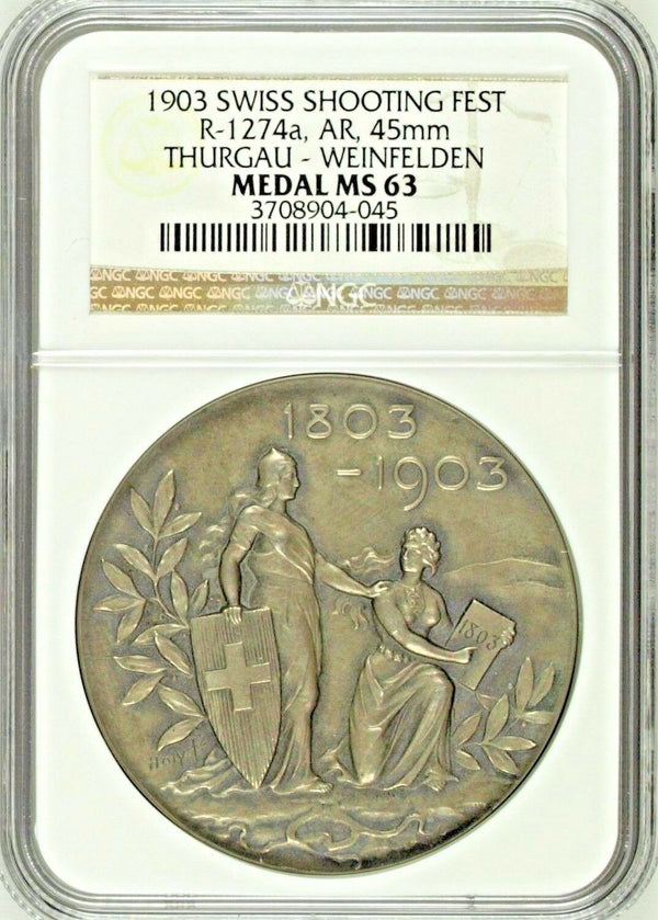 Swiss 1903 Silver Medal Shooting Fest Thurgau Weinfelden R-1274a NGC MS63 Rare