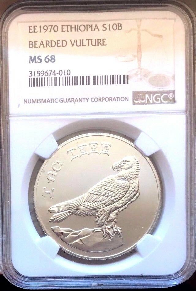 Ethiopia 1970 Silver 10 Birr Bearded Vulture Bird Conservation Wildlife NGC MS68