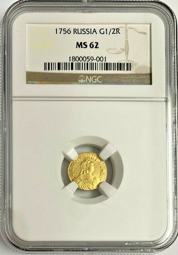 Russia 1756 Very Rare Gold 1/2 Ruble Poltina Queen Elizabeth NGC MS62