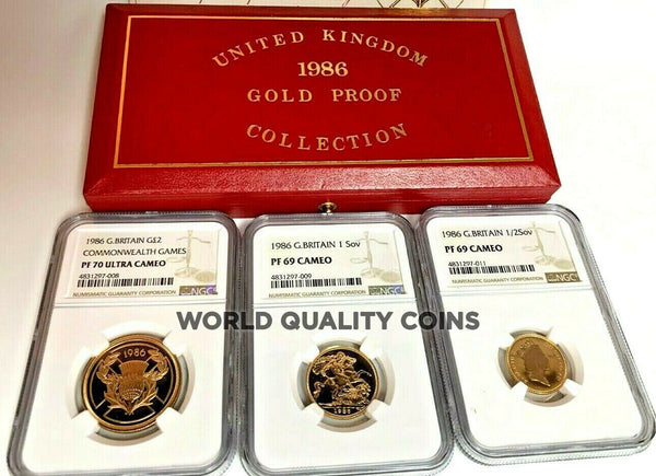 1986 United Kingdom 3 Gold Coins Set Commonwealth Games NGC PF70/69