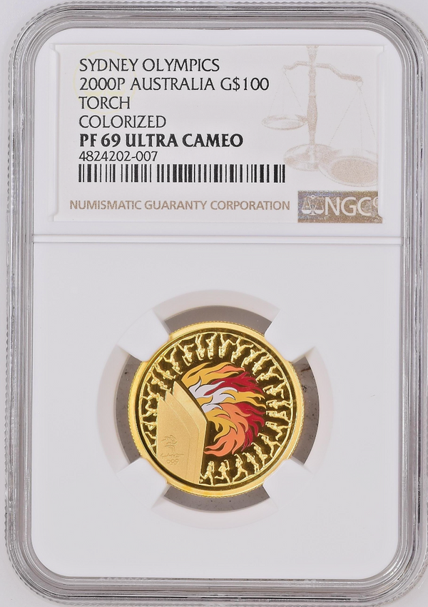 Australia 2000 Gold Colorized $100 NGC PF69 Sydney Summer Olympics Torch