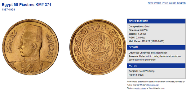 Egypt 1938 Gold 50 Piastres Marriage of King Farouk I Lady Farida NGC MS64