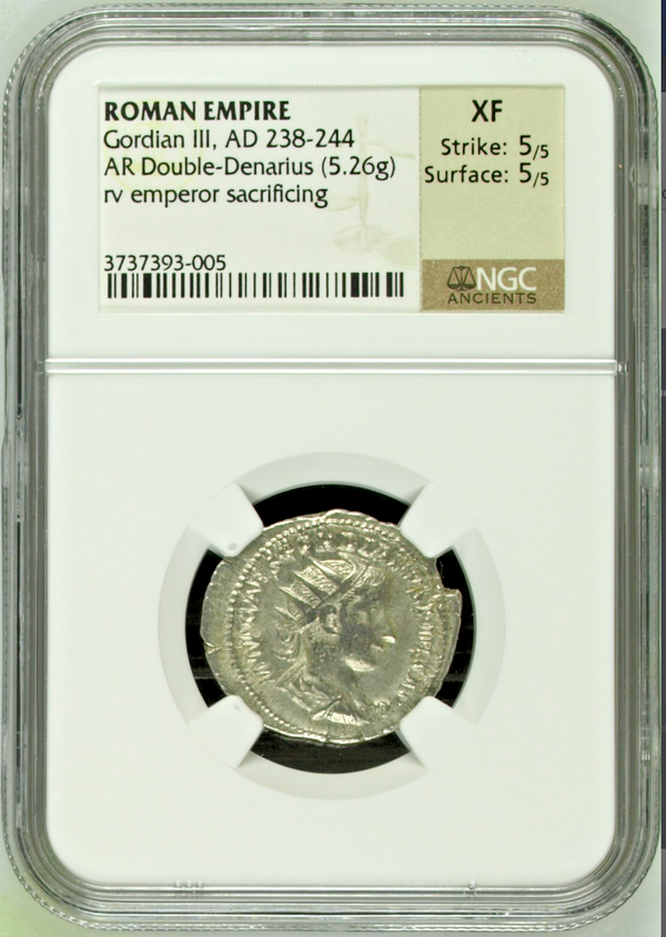 Roman Empire Gordian III AD238-244 Double Denarius Emperor sacrificing NGC XF