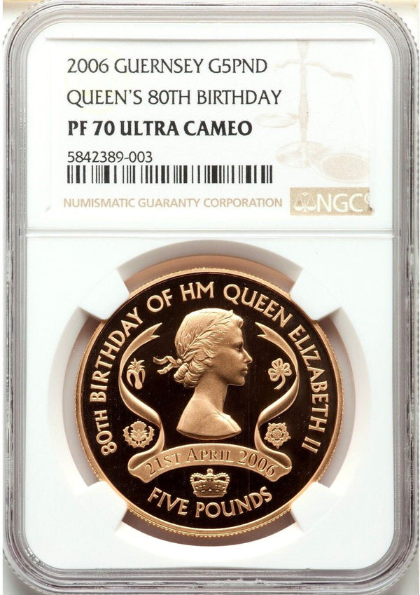 Great Britain 2006 3 Gold £5 Queens 80th Birthday Elizabeth II NGC PF70 Low Mint