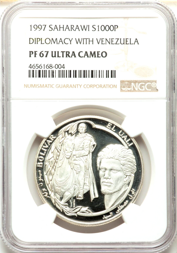Saharawi 1997 Silver 1000 Pesetas Simon Bolivar Venezuela NGC PF67 Mintage-800