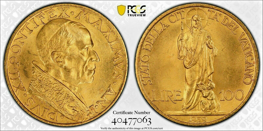Vatican 1939 Gold 100 Lire Pius XII Jesus PCGS MS64 Mintage-2,700