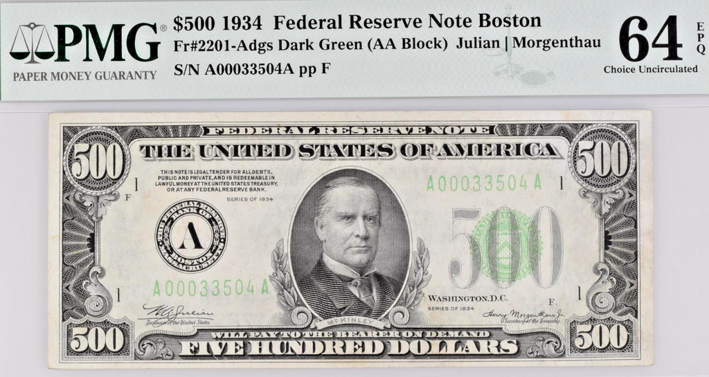 1934 $500 Bill Federal Reserve Note Boston Small Size PMG CU64 Fr2201-Adgs