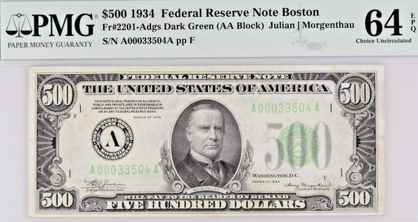 1934 $500 Bill Federal Reserve Note Boston Small Size PMG CU64 Fr2201-Adgs