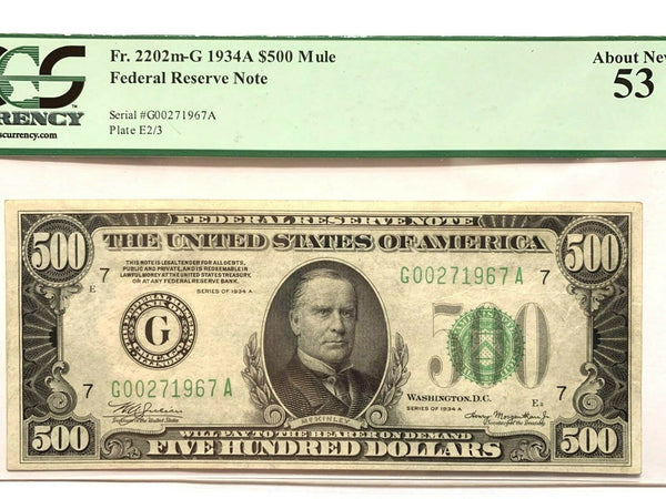 1934 $500 Bill Federal Reserve Note MULE Chicago PCGS About New 53 Fr2202m-G