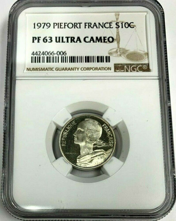 1979 France Proof Silver Coin 10 Centimes Piedfort NGC PF63 Mintage-600