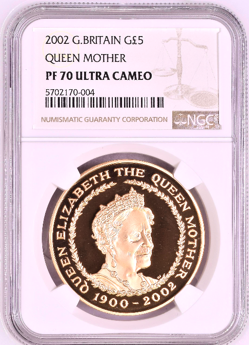 Great Britain 2002 Gold £5 Queen Elizabeth Queen Mother NGC PF70 Mint-2,086 Box