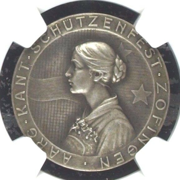 Swiss 1920 Silver Shooting Medal Mintage-150 Aargau Zofingen R-37b NGC MS63