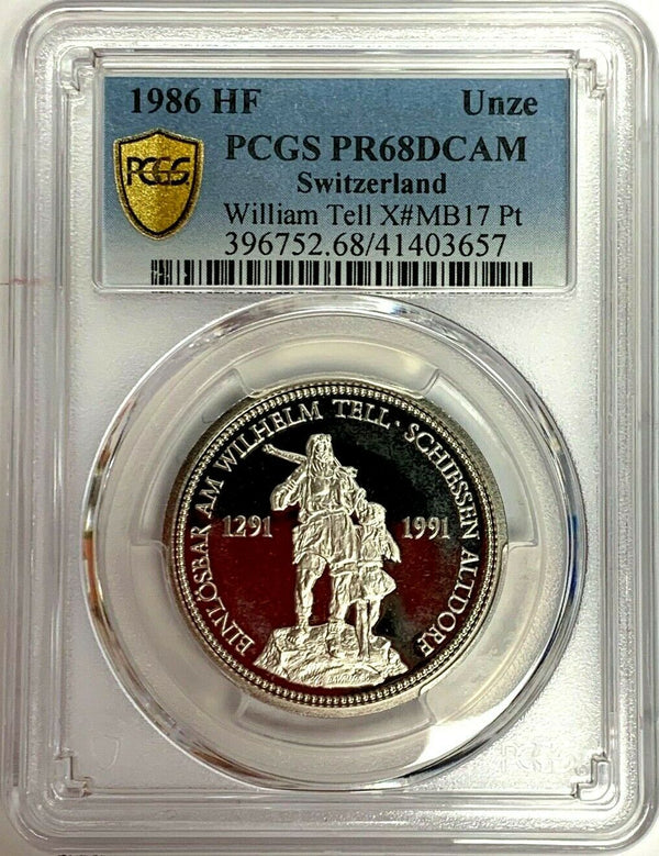 Swiss 1986 Platinum Shooting Thaler PCGS PF68 Uri Altdorf William Tell