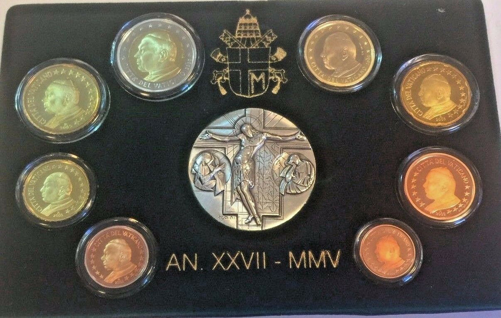 Vatican 2005 Pope Johannes Paul II Euro Set 8 Proof Coins, Silver Medal Box COA