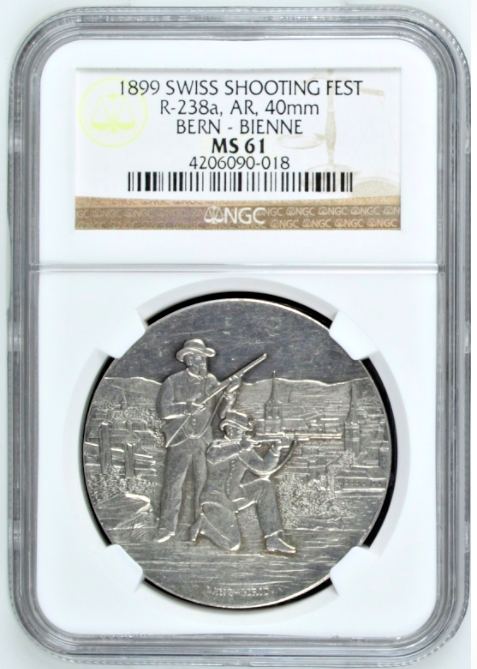Rare Swiss 1899 Silver Shooting Medal Bern Biene R-238a NGC MS61 Mintage-152