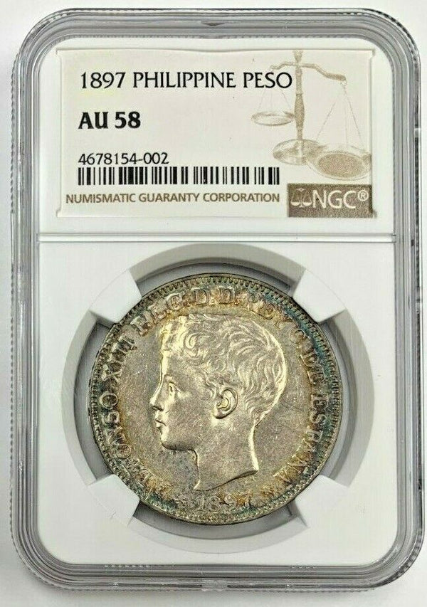 1897 Philippines Peso Silver Alfonso XIII NGC AU58