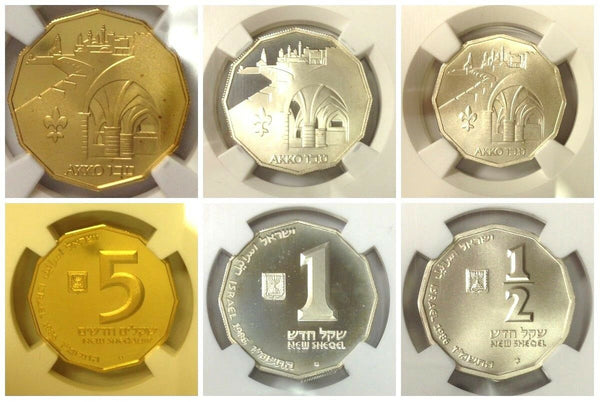 1986 Israel Sites in the Holy Land - AKKO 3 Coin Set Silver & Gold