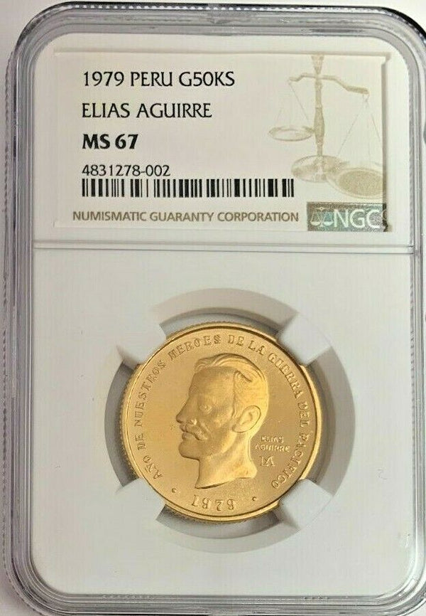 Peru 1979 Gold 50000 Soles Elias Aguirre Pacific War Heroes NGC MS67