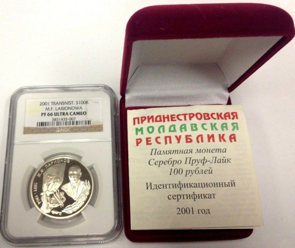 Transnistria 2001 Silver Coin 100 Roubles Larionow NGC PF66 Box COA Low Mintage